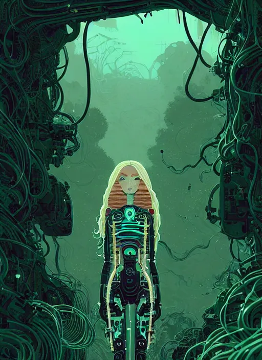 Prompt: highly detailed portrait of a biopunk cyborg long wavy blonde hair tribal lady, stray wiring by atey ghailan, james gilleard, by joe fenton, by greg rutkowski, by greg tocchini, by kaethe butcher, 4 k resolution, gradient green, black and white color scheme!!! ( ( forested robotic dense jungle background ) )