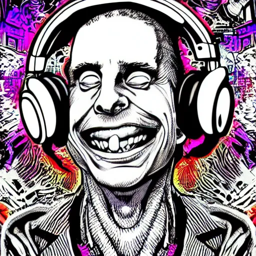 Prompt: artgerm, psychedelic laughing cronenberg horror, rocking out, headphones dj rave, digital artwork, r. crumb, svg vector