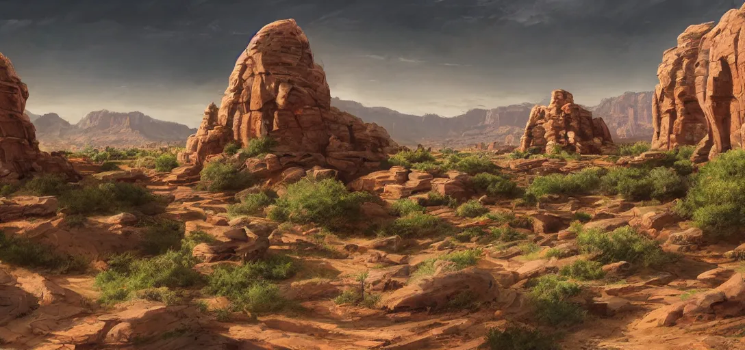 Prompt: beautiful utah desert, rock arcs, lush vegetation, landscape, alex ross, eddie mendoza, raphael lacoste, sebastian ludke, concept art, matte painting, highly detailed, rule of thirds, dynamic lighting, cinematic, detailed, magnificiant landscape, denoised, centerd