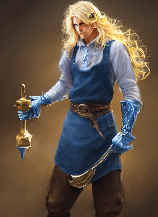 Image similar to a highly detailed illustration of long wavy bright blonde haired young effeminate boy wearing blue blacksmith apron and iron mechanical arms, blue eyes, dramatic smiling pose, intricate, elegant, highly detailed, centered, digital painting, artstation, concept art, smooth, sharp focus, league of legends concept art, wlop