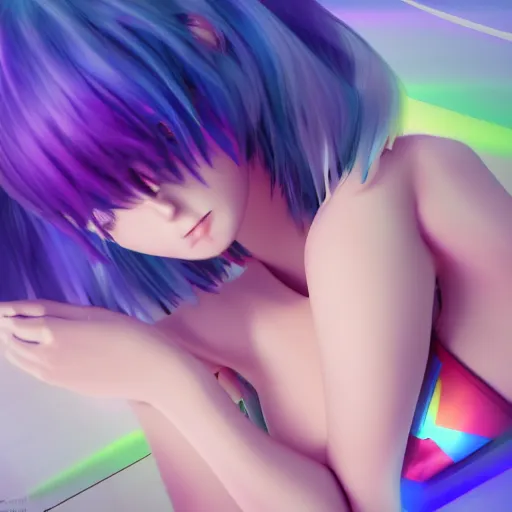 Prompt: advanced 3 d render digital anime art!!, gamer girl in bedroom sleeping on desk!!, rainbow eyes, rainbow hair, iterations = 5 0 0 0, trending on pixiv, artstation, deviantart, sakimimichan, artgerm