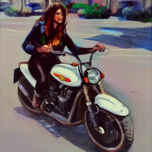 Prompt: a beautiful brunete girl in a moto, in the style of thomas saliot