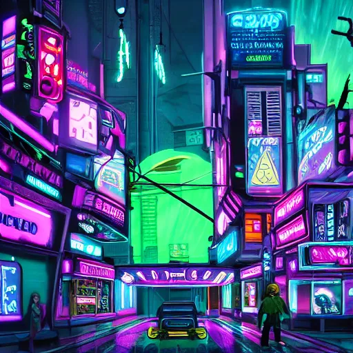 Prompt: Scooby Doo, Cyberpunk, Far future, Hyperdetailed, Neon Lights, Photorealistic, 4k