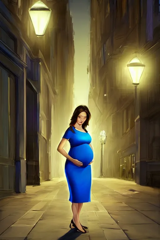 Image similar to pregnant woman in a short blue dress in night under street light, highly detailed, sharp focused, ultra realistic digital concept art by Frederick Sands Brunner