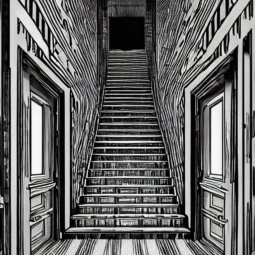 Image similar to a huge bright maze of many doorways and lots of stairs, many doorways, inside a giant mansion, artstation, Junji Ito, epic composition