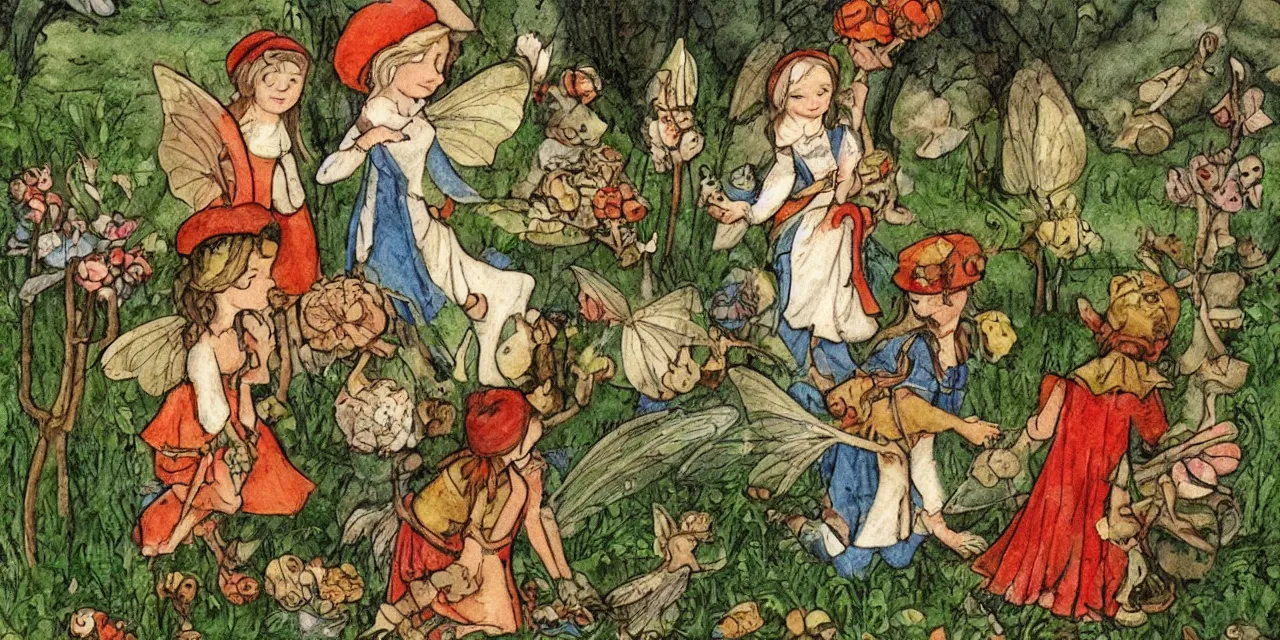 Image similar to medieval folktale fairies and toadstools