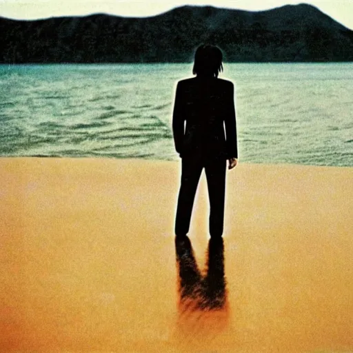 Prompt: japanese man with long hair in a suit standing in the ocean looking at the camera, wide shot, far away, zoomed out, distance!!!!!!! shot, sunset, album cover, 1980, tatsuro yamashita, ride on time