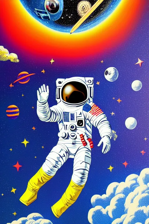 Prompt: cinema, aesthetic, acrylic paint and pencil, pop art style, astronaut horse, floating in space, by mike swiderek, jorge lacera, ben lo, tyler west,, ultrarealistic, sharp focus, intricate, ultra high definition, ultra resolution details, no duplicate, proportional, shadow effect, baroque environment