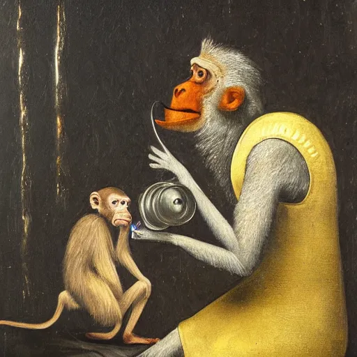 Prompt: an anthropormorphic tin can eating a monkey, painting