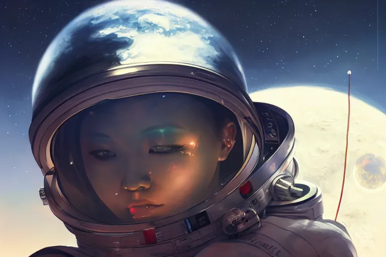 Image similar to portrait of cl rapper in a spacesuit frowning, moon base with earth in the night sky, artgerm, ilya kuvshinov, krenz cushart, ruan jia, realism, ultra detailed, 8 k resolution