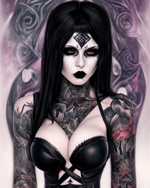 Image similar to portrait of beautiful fully tattooed goth girl cosplay with black hair, black makeup, bikini armor, art by stanley lau and artgem and wlop and magali villeneuve