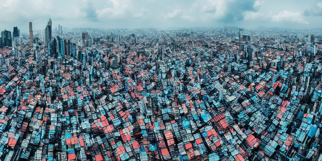 Prompt: aerial photography of cyberpunk city landscape, inspired by Javanese , wide shot, 4KHD, award winning photography, professional photography