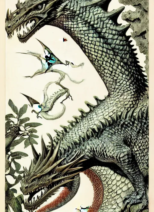 Image similar to game of thrones dragon in a tropical forest, john james audubon, ernst haeckel, intaglio, sharp focus