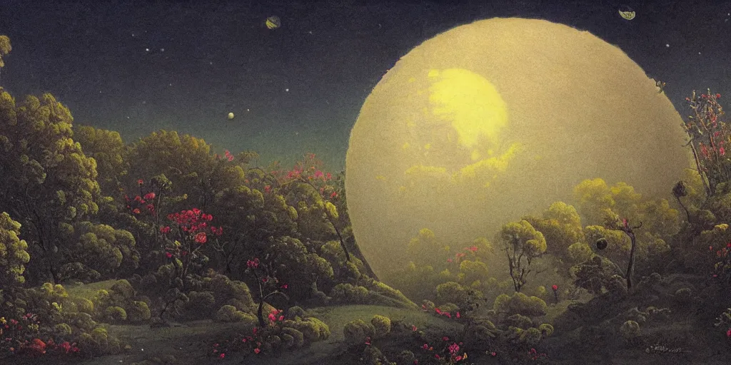 Image similar to a moon landscape with many craters, in a big crater at the center there is a beautiful garden, 8 k, lowbrow in the style of martin johnson heade and daniel merriam!