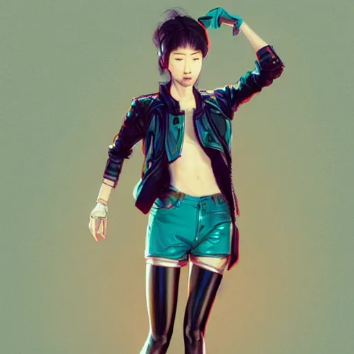 Image similar to Full body of Korean female wearing futuristic short teal leather jacket and 1980s shorts, expressive pose, intricate, elegant, highly detailed, digital painting, artstation, concept art, smooth, sharp focus, illustration, art by artgerm and greg rutkowski and alphonse mucha