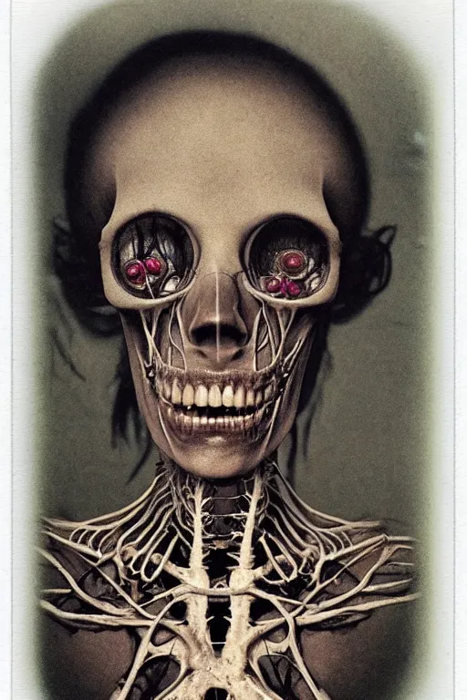 Image similar to an old polaroid photography of a very sad and detailed rotten woman corpse with fractal ornate growing around her face muscles, veins, arteries, bones, anatomical, skull, eye, ears, intricate, surreal, ray caesar, john constable, guy denning, dan hillier