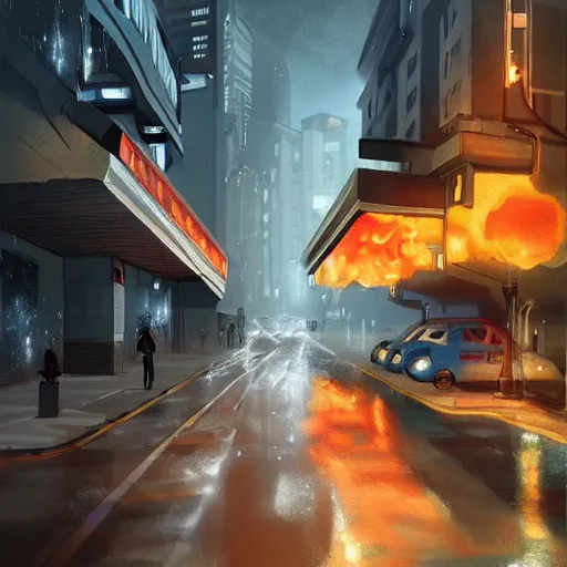 Image similar to deepfake video starts ww3, concept art, digital painting, artwork by cornelius dämmrich, night scene, urban hellscape, wet asphalt, parking lot,