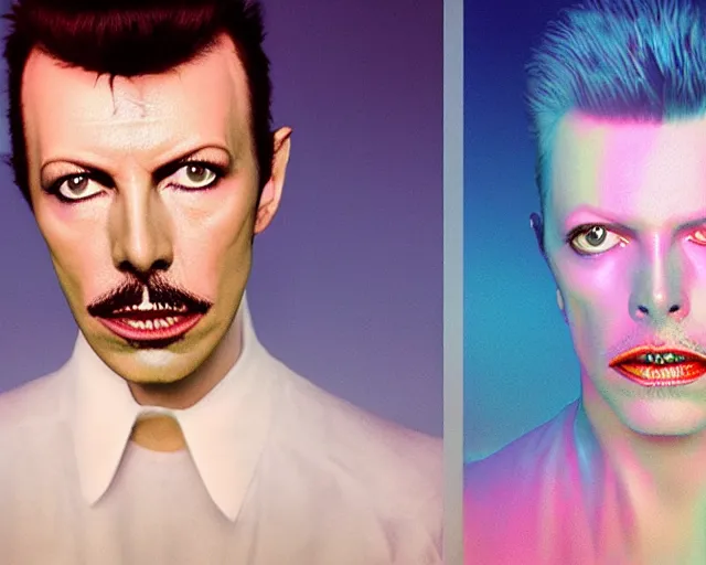 Image similar to Freddy mercury and david bowie starring at the camera, neutral face, 4k, pastel colours, by beeple, album cover, accurate