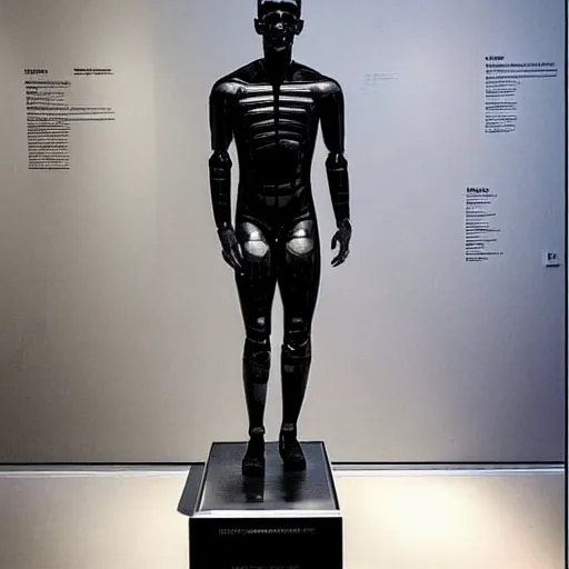 Image similar to “ a realistic detailed photo of a guy who is an attractive humanoid who is half robot and half humanoid, who is a male android, soccer player antoine griezmann, shiny skin, posing like a statue, blank stare, at the museum, on display ”