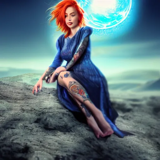 Prompt: a full body photo portrait of a beautiful tattooed redhead woman sitting, carrying a laser gun, a planet in the background. blue dress, light iridescent hair color, long windy hair style, fantasy, realistic, intricate, sharp focus, lens flare, bloom, rim light, illustration, highly detailed, digital painting, concept art, matte, art by ruan jia