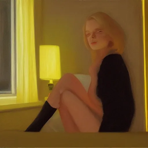 Prompt: painting of Elle Fanning in a dark hotel room with the lights off, neon lighting from outside shining in, by Edward Hopper