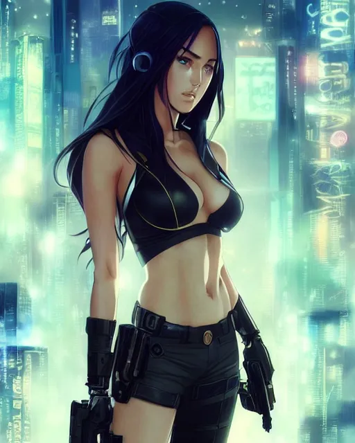 Prompt: anime key visual of megan fox police officer, cyberpunk, futuristic, perfect eyes, stunning features, perfect face!!, high details, digital painting, artstation, smooth face, soft focus, illustration, art by artgerm and greg rutkowski and alphonse mucha