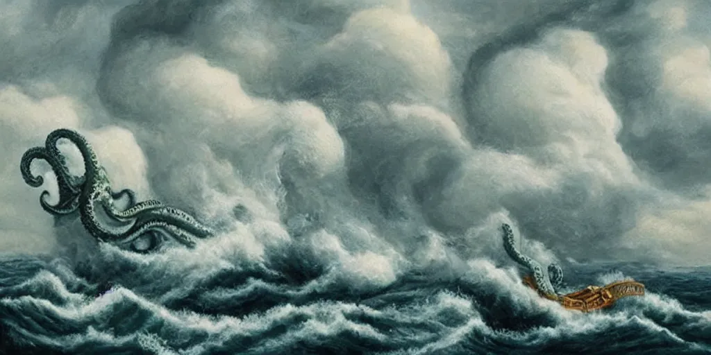 Image similar to kraken!!!!!!!!!!!!!!!! tentacles!!!!!!!!!!! stormy sea!!!!!! steamship boat dramatic clouds painting