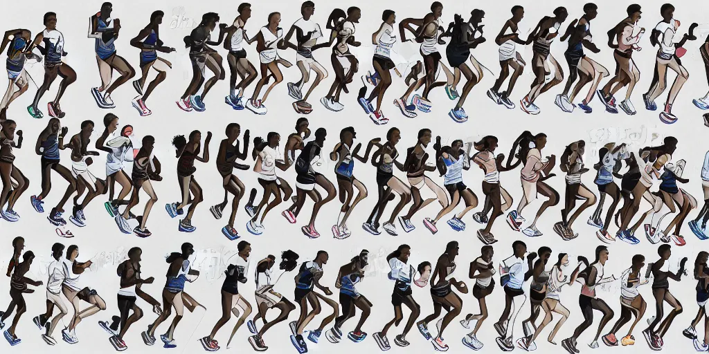 Prompt: Storyboard Sketch of Studio Photograph of starting line of many diverse marathon runners. multiple skintones. Frontal. Shot on 30mm Lens. Advertising Campaign. Wide shot. Fashion Studio lighting. White background.