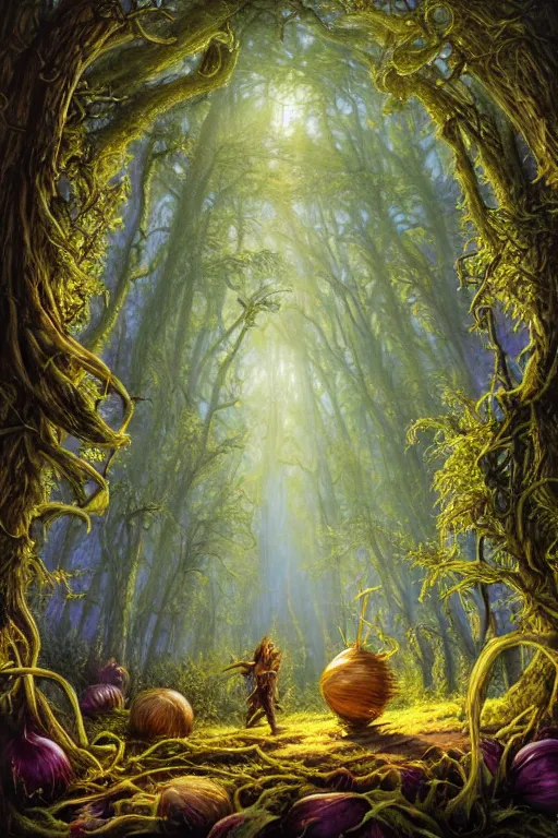 Prompt: the onions of the forest heath,art by Rodney Matthews,trending on artstation, toxic lighting high angle view,film poster,world of warcraft ,hyperrealism ,impressionism ,final,