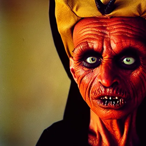 Image similar to uhd photorealisitc candid photo of satan. correct costume. correct face, accurate face. photo by annie leibowitz and steve mccurry