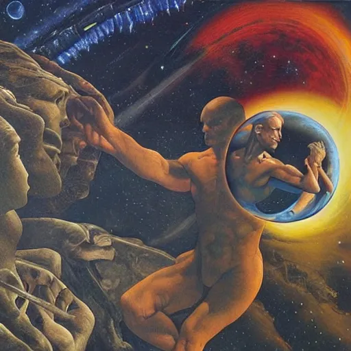 Prompt: the creation of the human race from the material in the stars. cosmos, detailed oil painting by vincent di fate michelangelo and alan lee