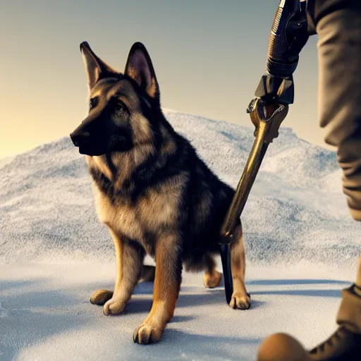 Image similar to a humanoid german shepherd flexing holding a crowbar, dslr, 8 k, octane beautifully detailed render, cold lighting, cinematic lighting, white background, detailed photo, masterpiece, volumetric lighting, ultra realistic, highly detailed, high quality, lossless, photorealistic, grayscale