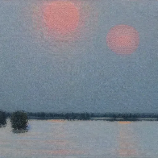 Image similar to sunrise over the dnipro river, by ivan marchuk