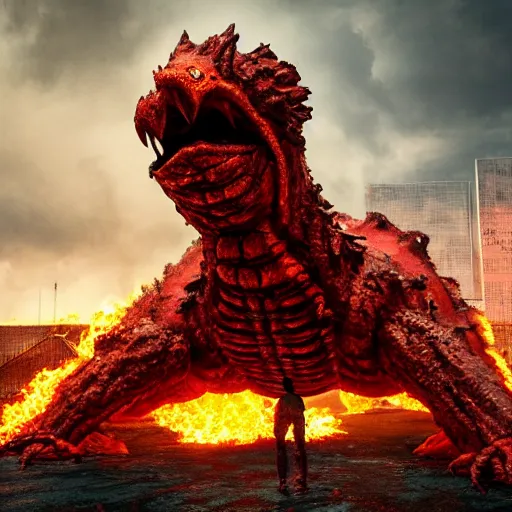 Image similar to evil steel rust bubble screaming fire chicken kaiju, cinematic, epic scale, hyper detailed, photorealistic, rule of thirds, 8 k.