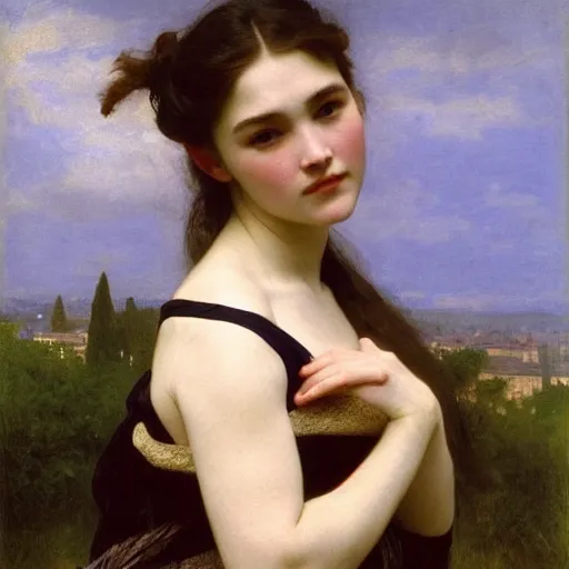 Image similar to Portrait of Florence Pugh, by William Adolphe Bouguereau, John Singer Sargent, Vermeer, serene