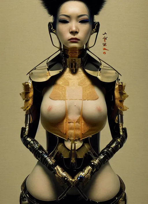 Image similar to portrait of a sensual futuristic geisha cyborg, kintsugi, modern fine art, fractal, intricate, elegant, highly detailed, digital photography, subsurface scattering, by jheronimus bosch and greg rutkowski,