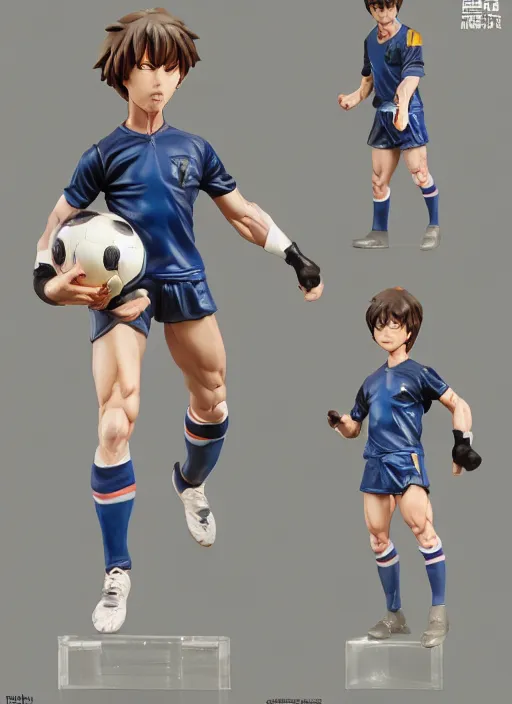 Image similar to chibi captain tsubasa anime figurine, soccer, art by gerald brom, greg rutkowski and artgerm and james jean and zdzisław beksinski, unreal engine, studio lighting