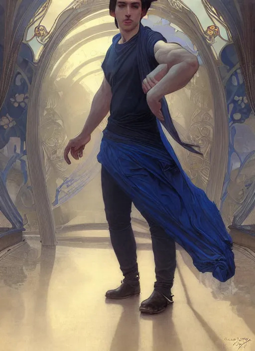 Prompt: handsome young man with short black hair, male, dressed in blue, looking down, half body shot, arms down, path traced, highly detailed, high quality, digital painting, bastien lecouffe - deharme, alphonse mucha, art nouveau