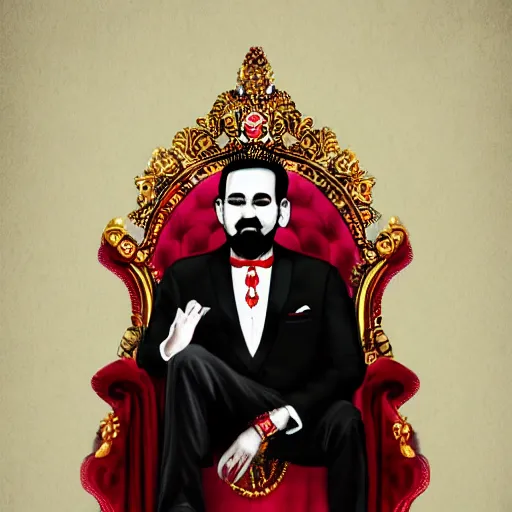 Image similar to the king of india sitting on a throne wearing a black suit and a red fez, detailed masculine face with red lips, black eyes and large forehead, moody atmosphere, digital art, highly detailed, high contrast, beautiful lighting, award winning, trending on art station, photorealistic, 8 k,