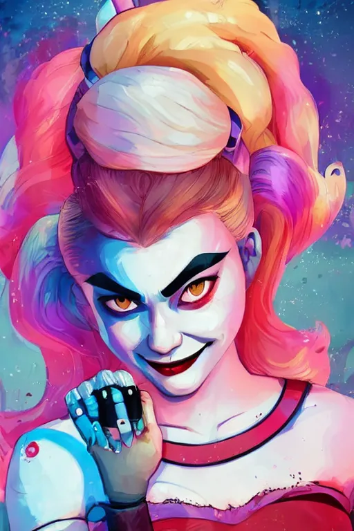 Image similar to julia garner as harley quinn, as delirium of the endless, the sandman, clean cel shaded vector art. shutterstock. behance hd by lois van baarle, artgerm, helen huang, by makoto shinkai and ilya kuvshinov, rossdraws, illustration