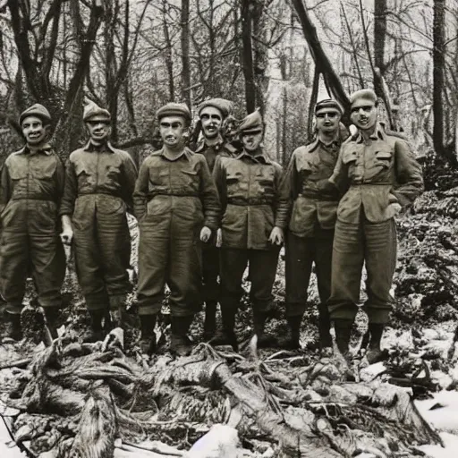 Prompt: group of world war II soldiers standing around massive dead creature in the forest, winter