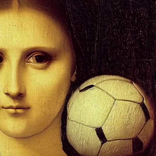 Image similar to Olivia Newton-John holding soccer ball face close-up by Leonardo da Vinci