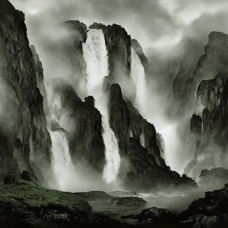 Image similar to dark and moody photo by ansel adams and peder balke, a giant tall huge woman in an extremely long dress made out of waterfalls, standing inside a green mossy irish rocky scenic landscape, huge waterfall, volumetric lighting, backlit, atmospheric, fog, extremely windy, soft focus