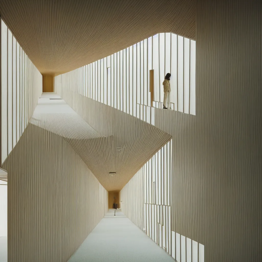 Image similar to photograph of a hallway in the style of Wes Anderson, Tadao Ando, architecture magazine, dezeen, 50mm, pentax, film