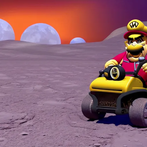 Image similar to wide angle photograph of wario driving a golf cart on the moon, realistic, 4 k, cinematic lighting,