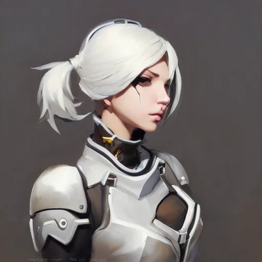 Image similar to greg manchess portrait painting of a 2 yorha type a no. 2 as overwatch character, white long hair, medium shot, asymmetrical, profile picture, organic painting, sunny day, matte painting, bold shapes, hard edges, street art, trending on artstation, by huang guangjian and gil elvgren and sachin teng