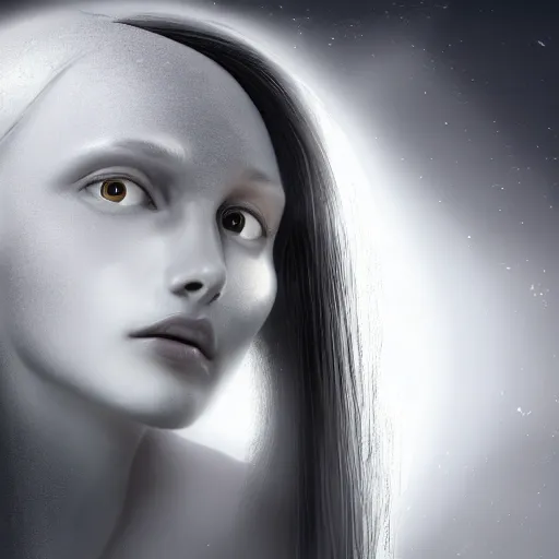 Image similar to A young beautiful female angelic-extraterrestrial-cyborg face with a very long neck, big clear eyes, thin nose, big lips, hair floating in the wind, Realistic, Refined, Digital Art, Pre-Raphaelite, Highly Detailed, Cinematic Lighting, rim light, black and white, photo-realistic Unreal Engine, 8K