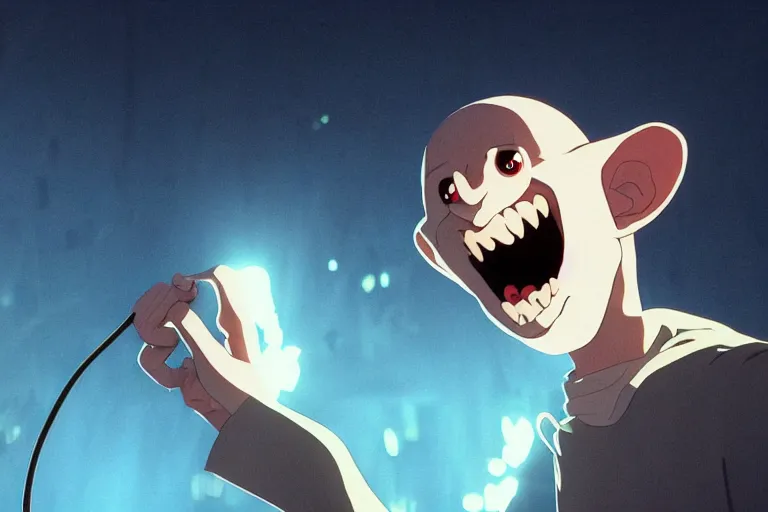 Image similar to a wholesome animation key shot of!! one!! focused!! popstar nosferatu!! singing at a concert!! wearing golden chain!!, medium shot, studio ghibli, ( pixar ) and disney animation, sharp, very detailed, high resolution, rendered in unreal engine 5, anime key art by greg rutkowski, bloom, dramatic lighting