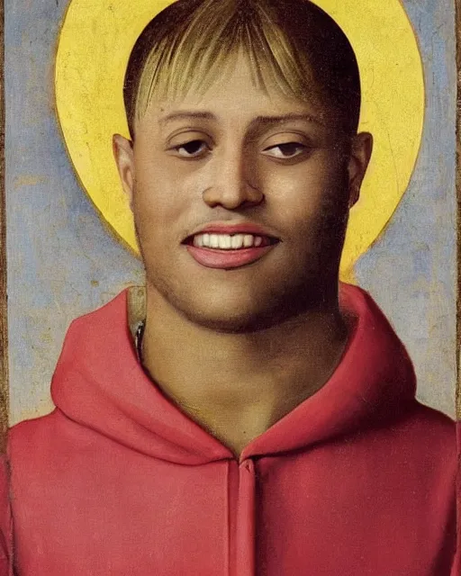 Image similar to rapper juice wrld legend rockstar smiling with a yellow halo above his head by fra angelico renaissance painting