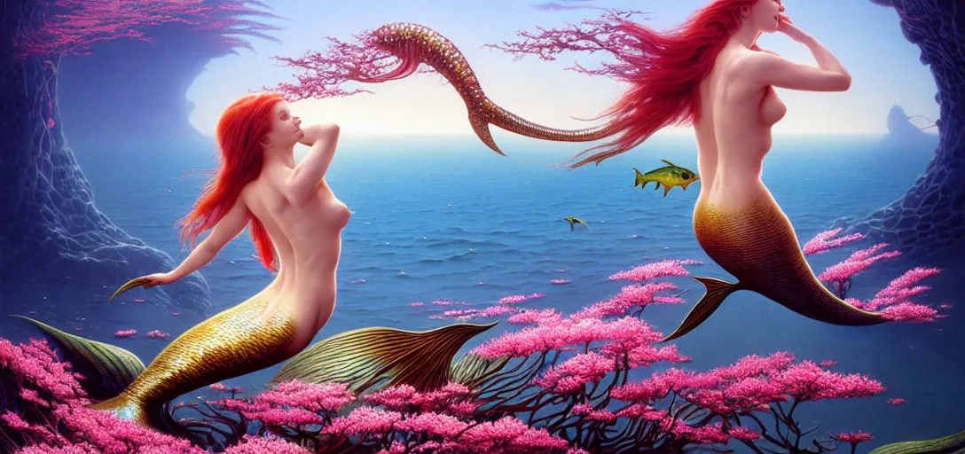 Image similar to photo of a beautiful mermaid and alien fish in the style of roger dean, realistic, sharp focus, 8 k high definition, insanely detailed, intricate, elegant, art by greg rutkowski and artgerm, extreme blur cherry blossoms background